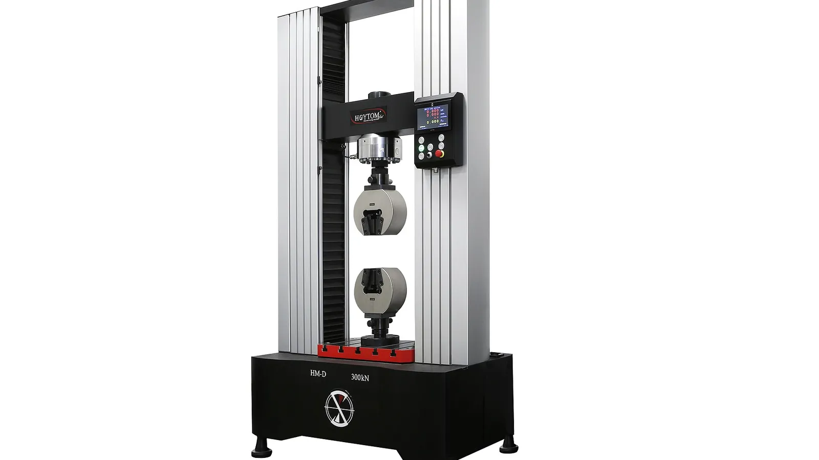 300 kN universal testing machine with wedge-action tensile grips ready for a mechanical test